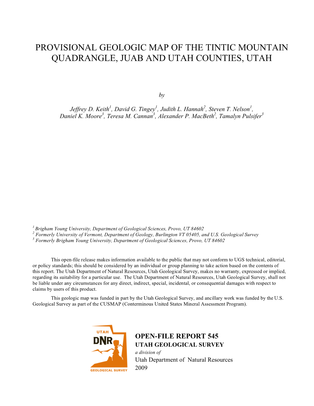 Provisional Geologic Map of the Tintic Mountain Quadrangle, Juab and Utah Counties, Utah