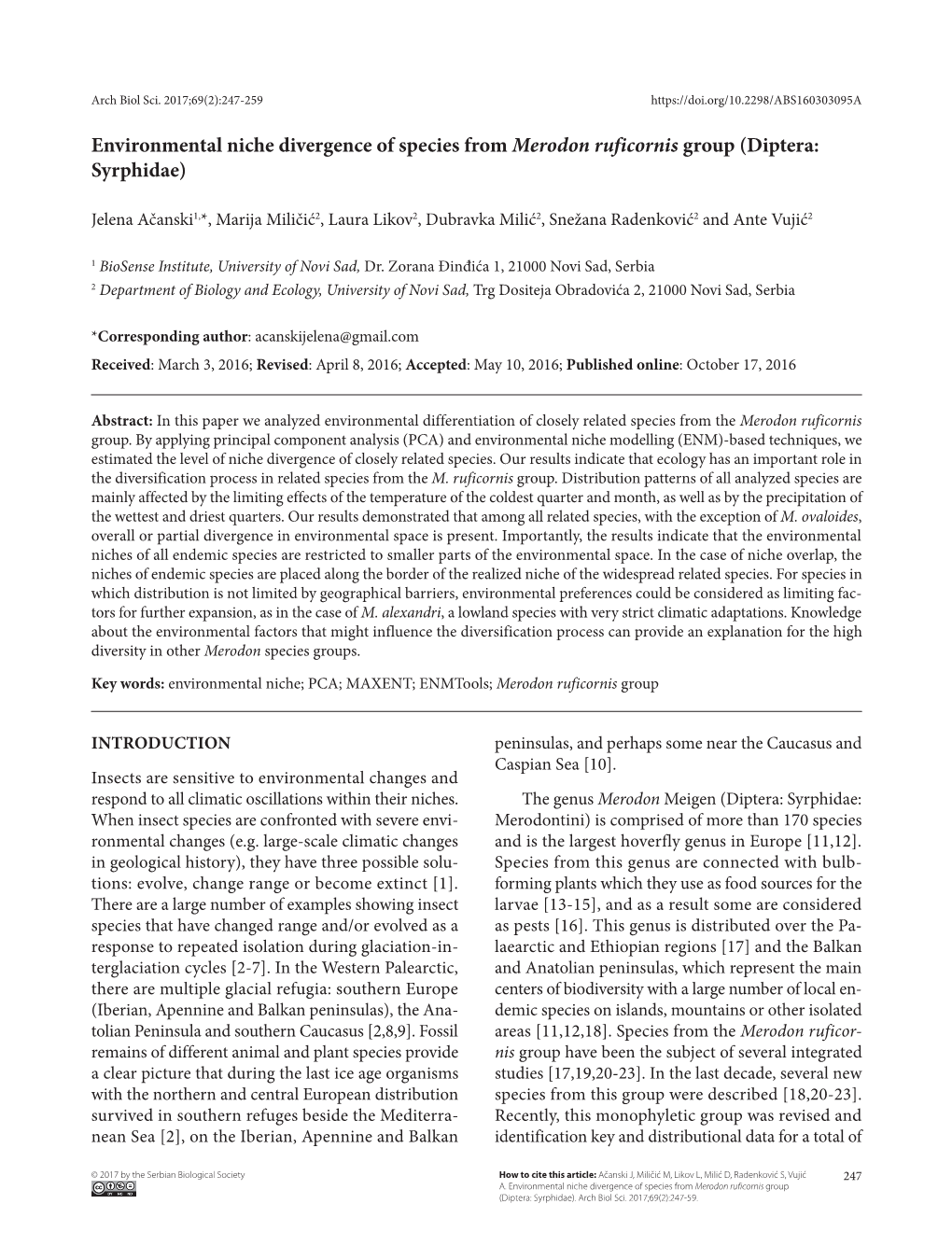 Environmental Niche Divergence of Species from Merodon Ruficornis Group (Diptera: Syrphidae)