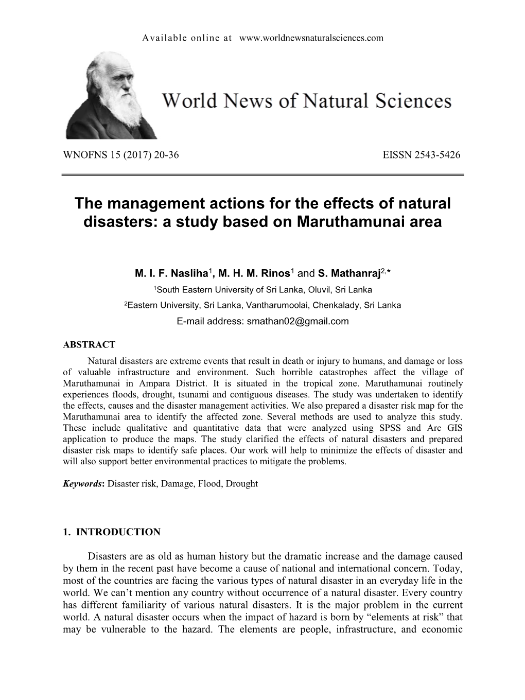 The Management Actions for the Effects of Natural Disasters: a Study Based on Maruthamunai Area