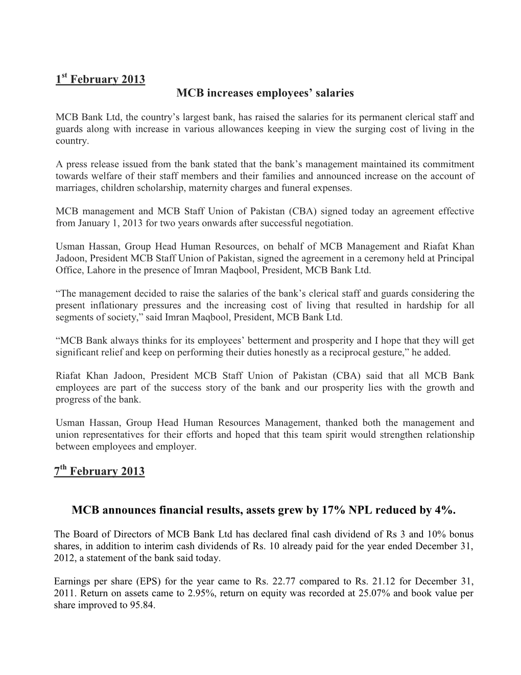 Press Releases from January to March 2013