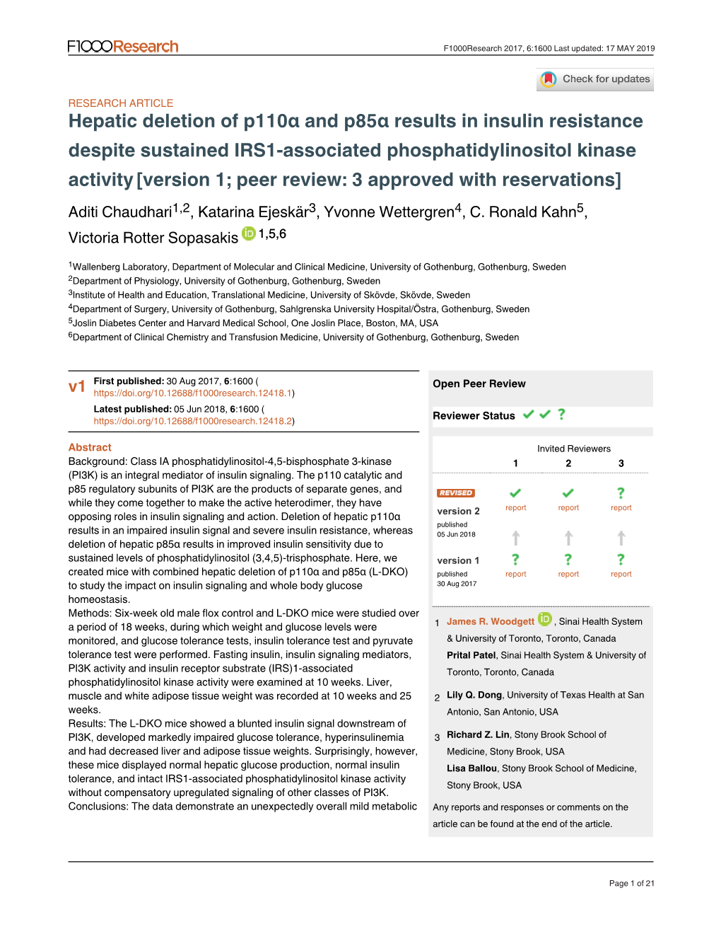 Hepatic Deletion of P110α and P85α Results in Insulin Resistance Despite