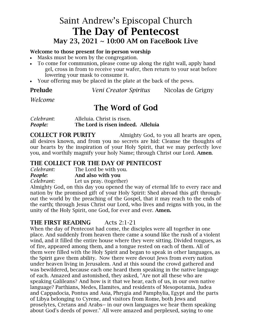 The Day of Pentecost May 23, 2021 ~ 10:00 AM on Facebook Live