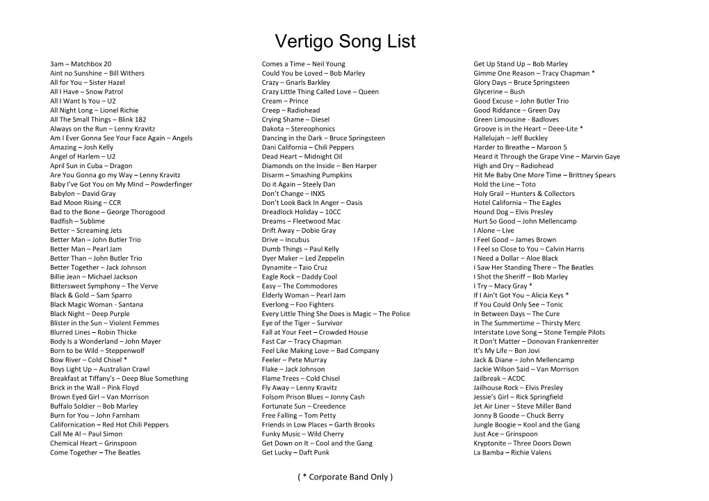 Vertigo Song List