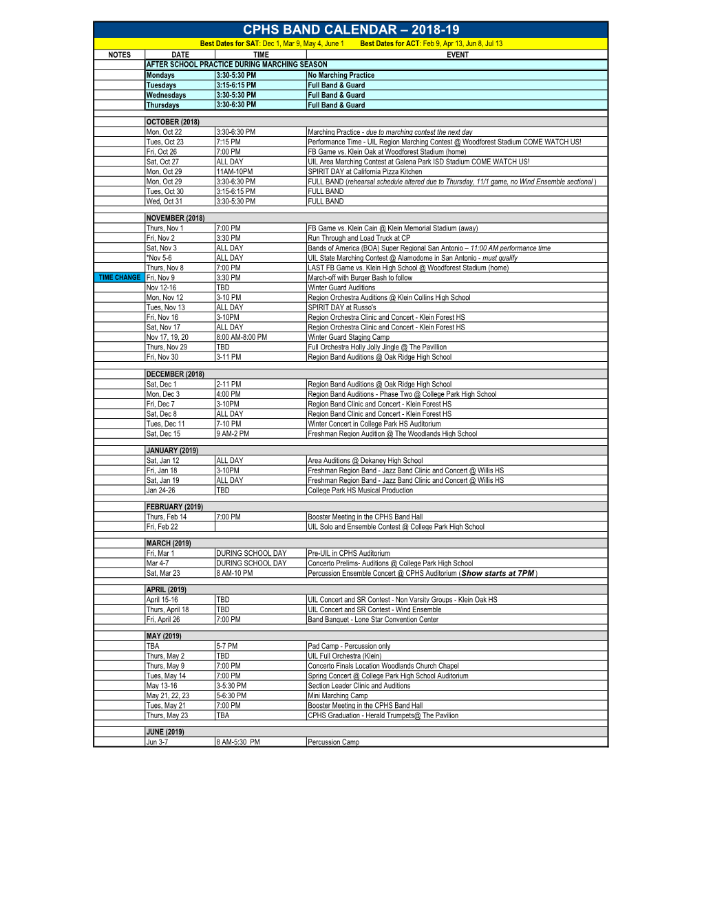 Cphs Band Calendar