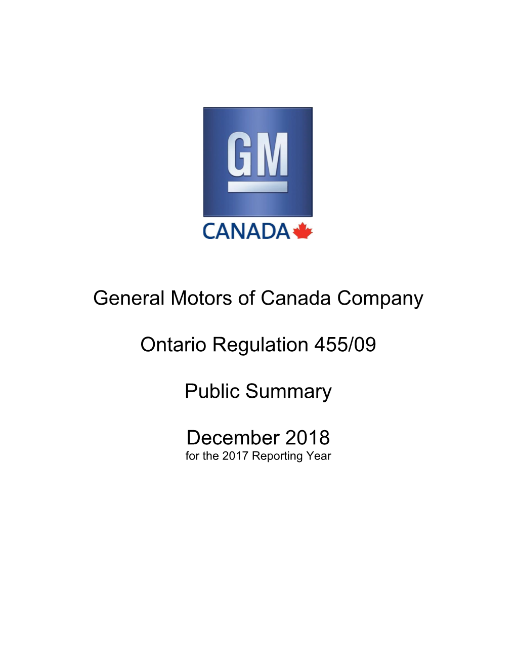 General Motors of Canada Company Ontario Regulation 455/09 Public