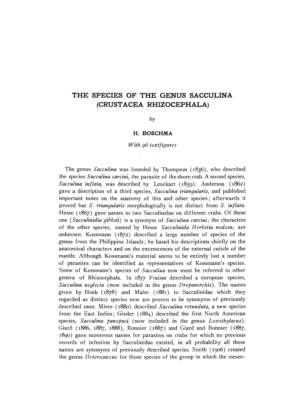 The Species of the Genus Sacculina (Crustacea Rhizocephala)