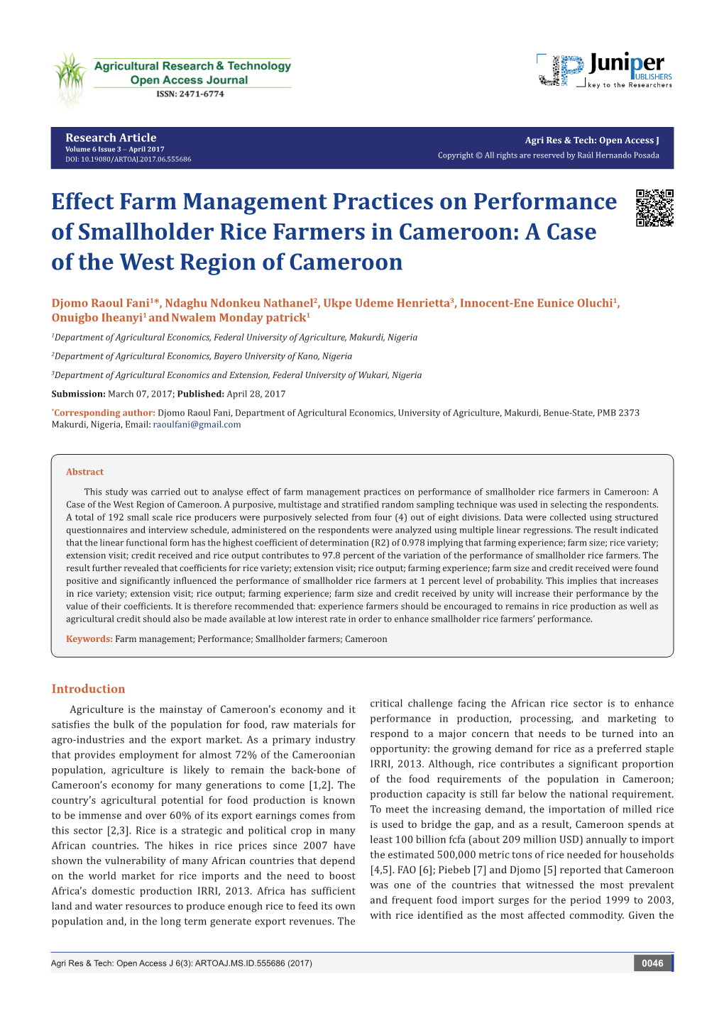 Effect Farm Management Practices on Performance of Smallholder Rice Farmers in Cameroon: a Case of the West Region of Cameroon