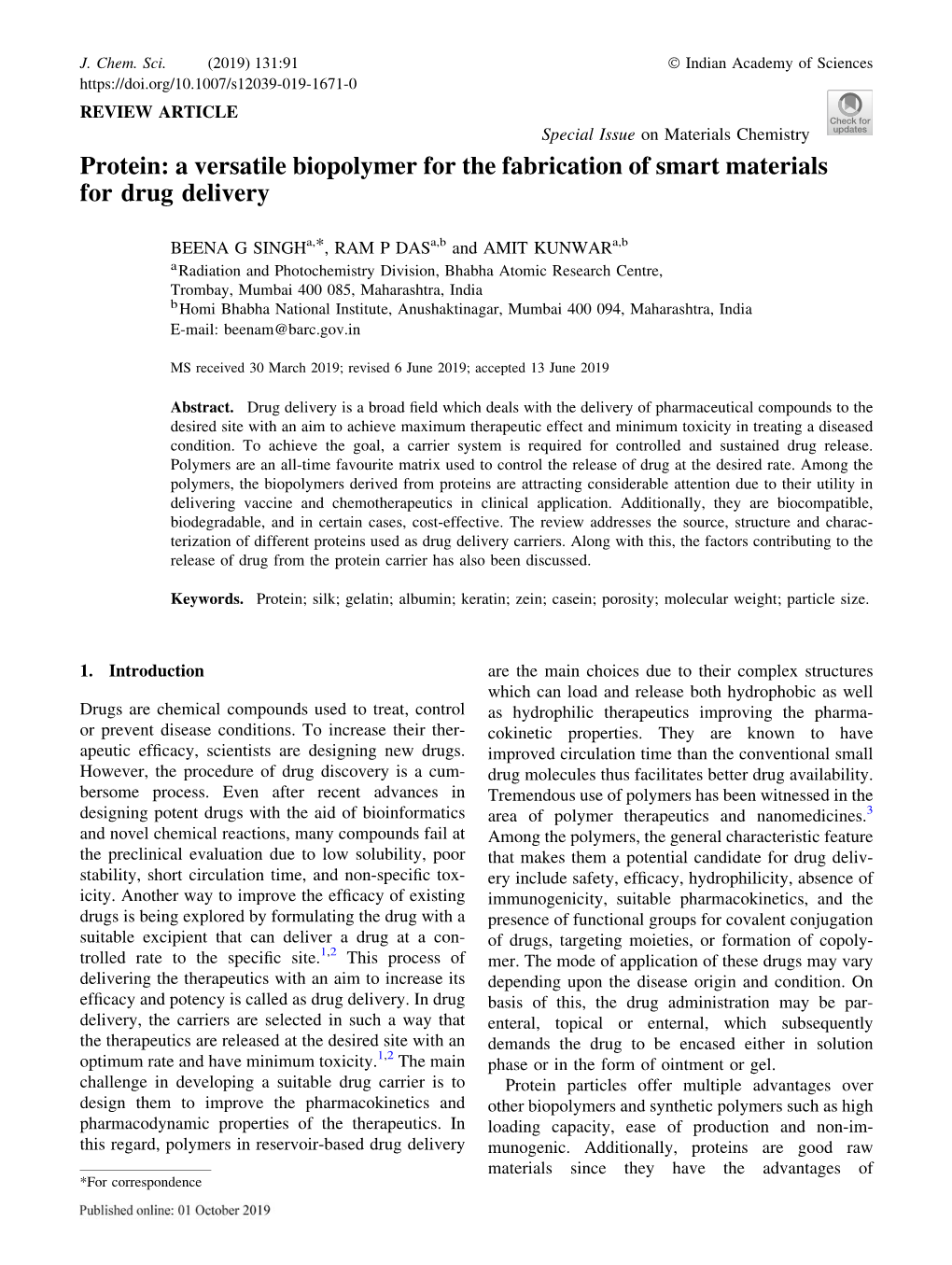 Protein: a Versatile Biopolymer for the Fabrication of Smart Materials for Drug Delivery