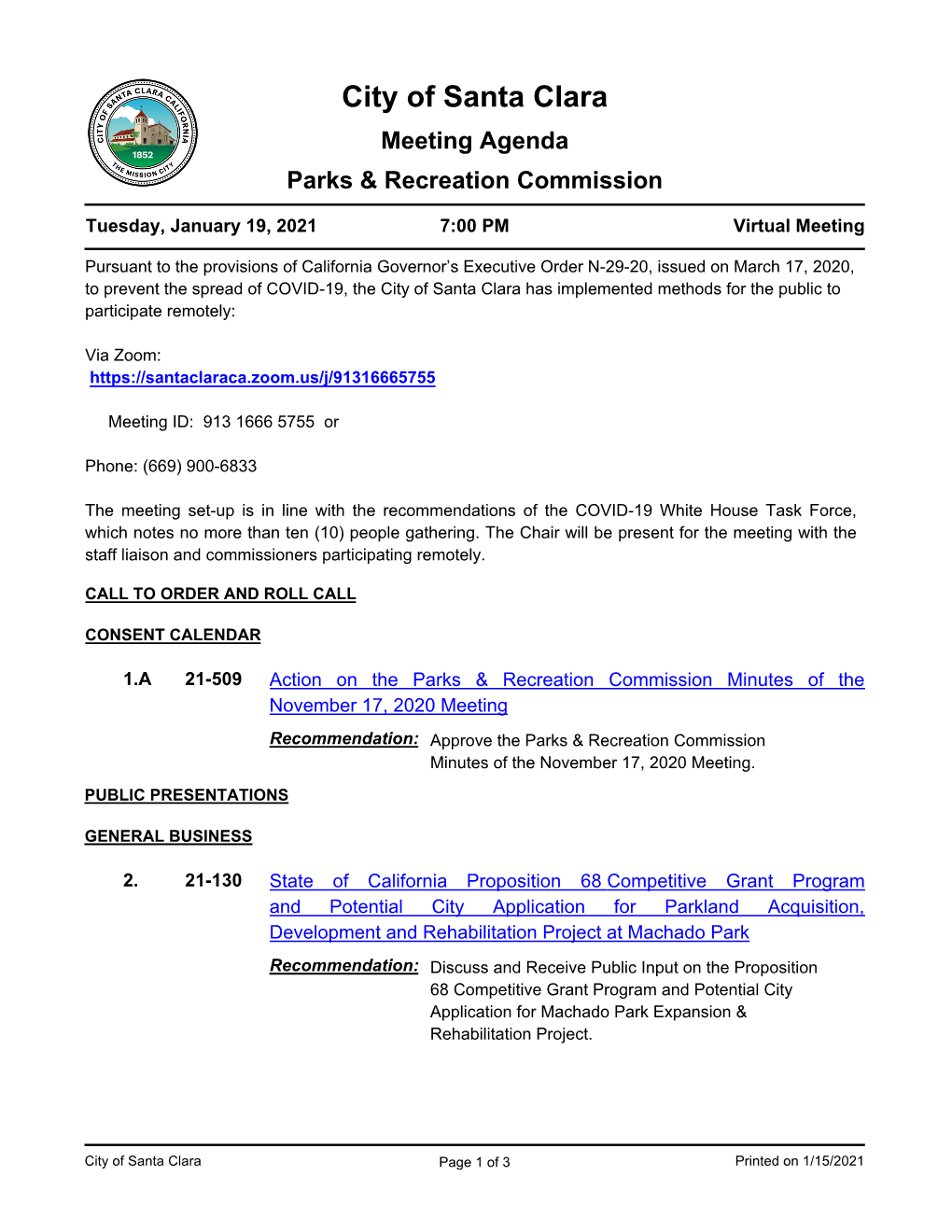 City of Santa Clara Meeting Agenda Parks & Recreation Commission