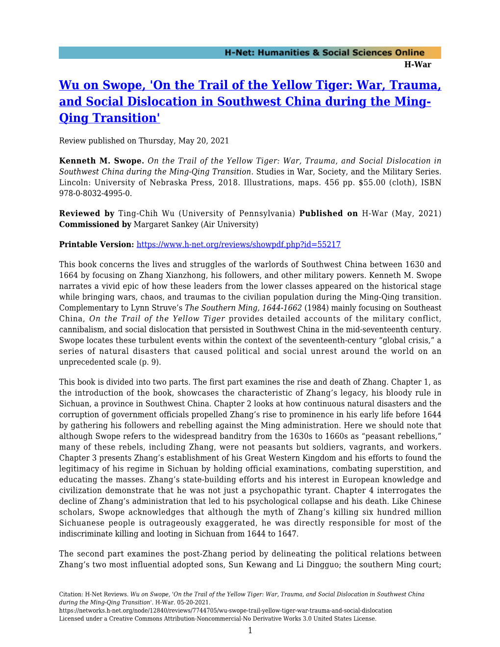 On the Trail of the Yellow Tiger: War, Trauma, and Social Dislocation in Southwest China During the Ming- Qing Transition'