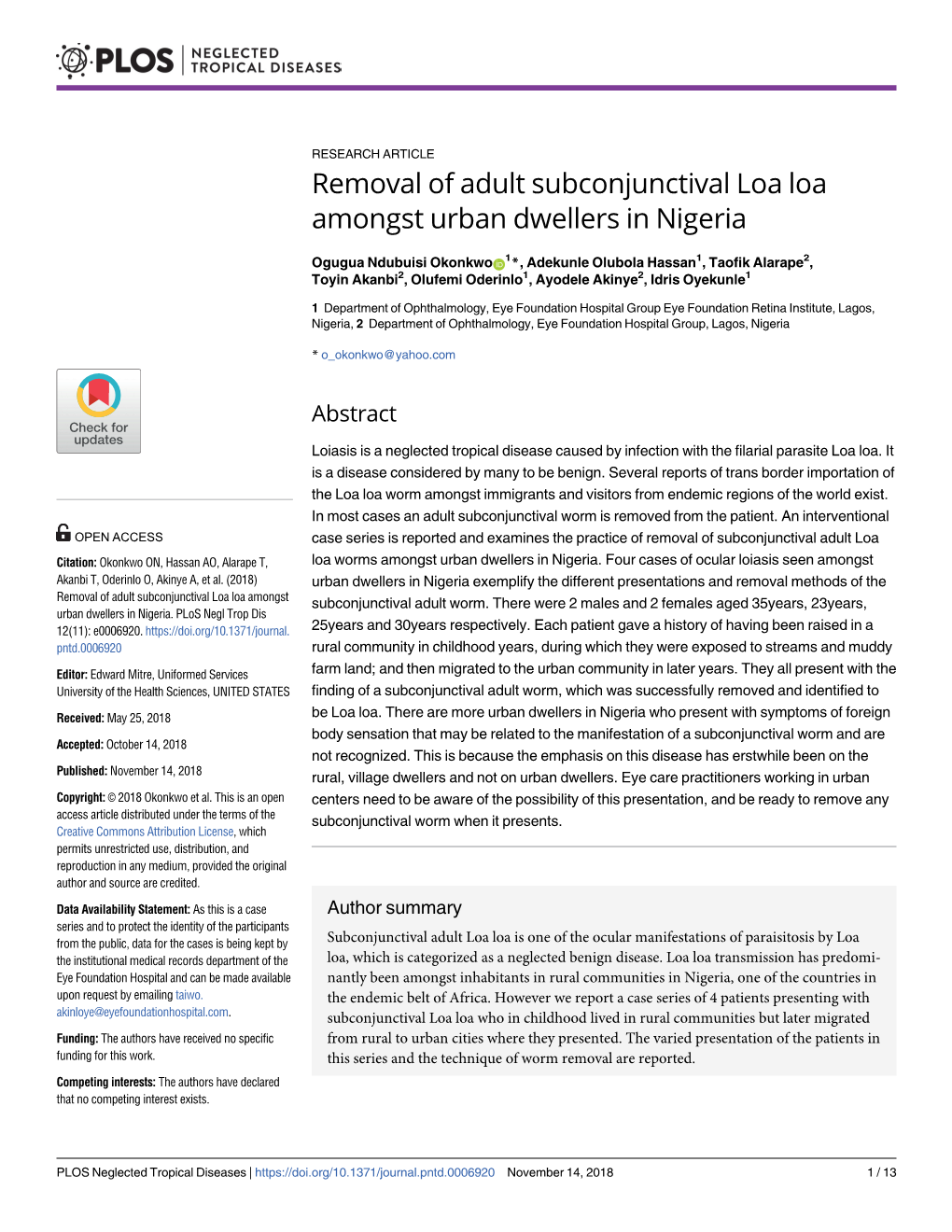 Removal of Adult Subconjunctival Loa Loa Amongst Urban Dwellers in Nigeria