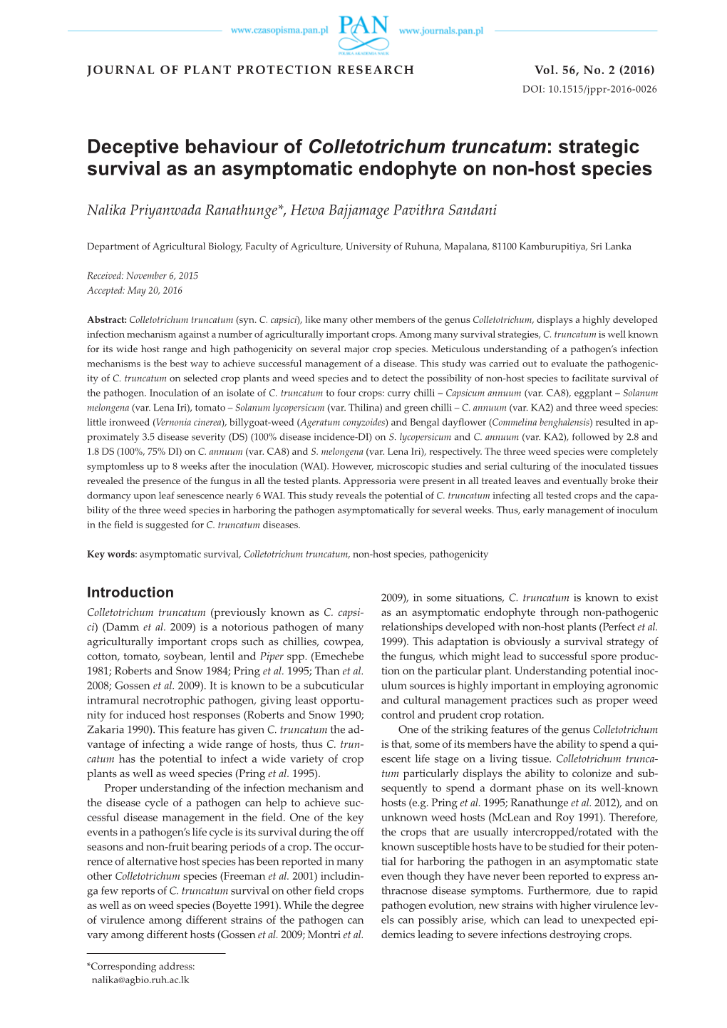 Deceptive Behaviour of Colletotrichum Truncatum: Strategic Survival As an Asymptomatic Endophyte on Non-Host Species