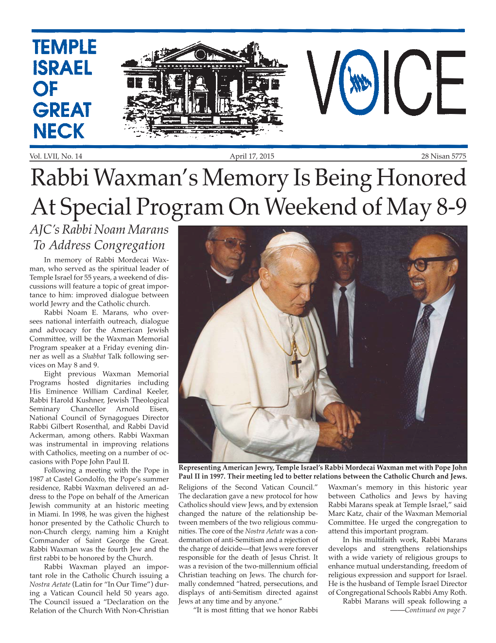 Rabbi Waxman's Memory Is Being Honored at Special Program On