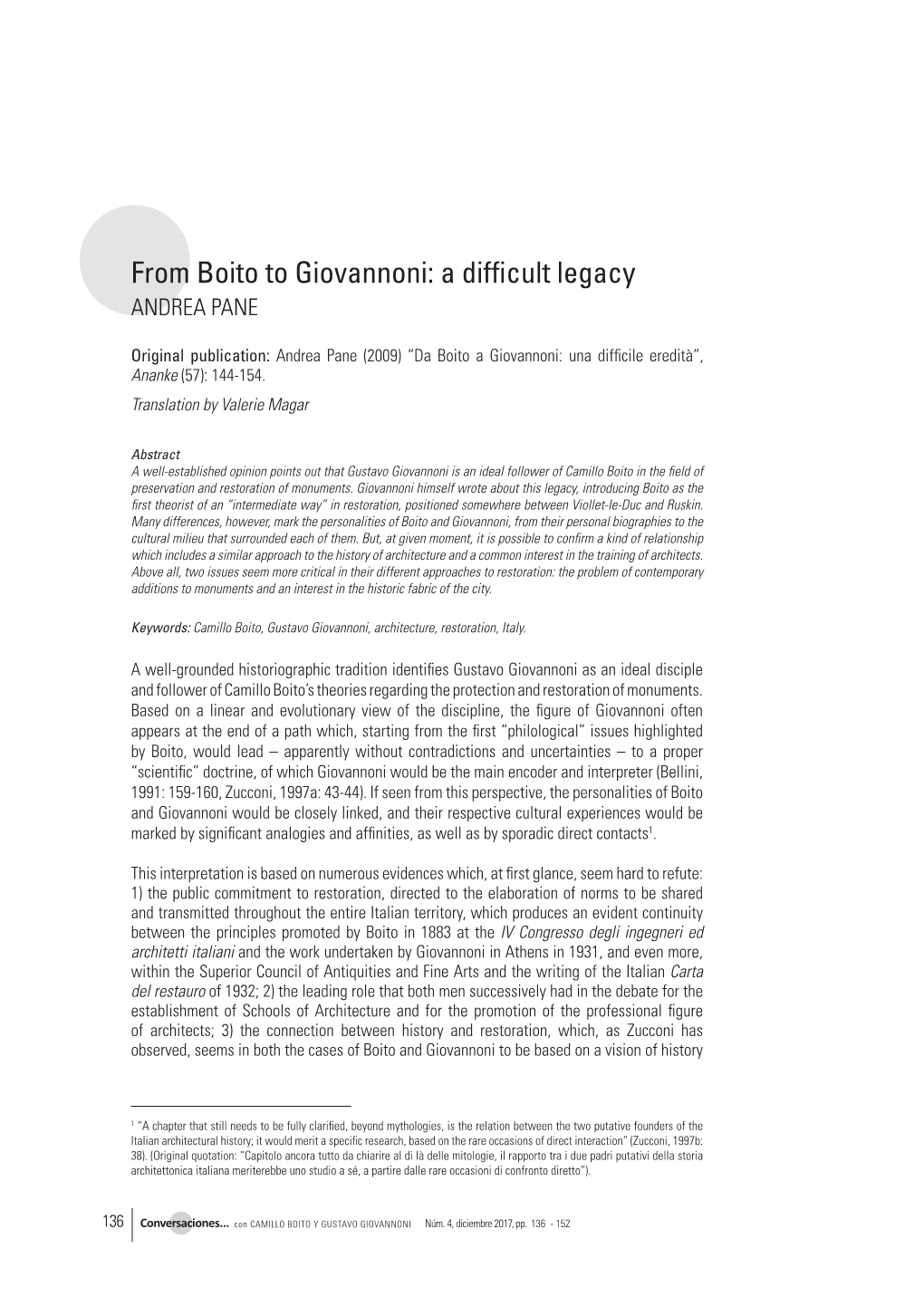 From Boito to Giovannoni: a Difficult Legacy ANDREA PANE