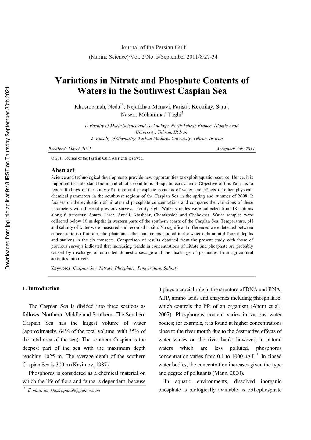 Variations in Nitrate and Phosphate Contents of Waters in the Southwest Caspian Sea