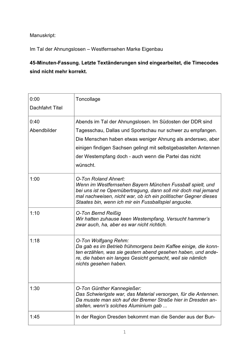 1 Manuskript: Im Tal Der Ahnungslosen – Westfernsehen