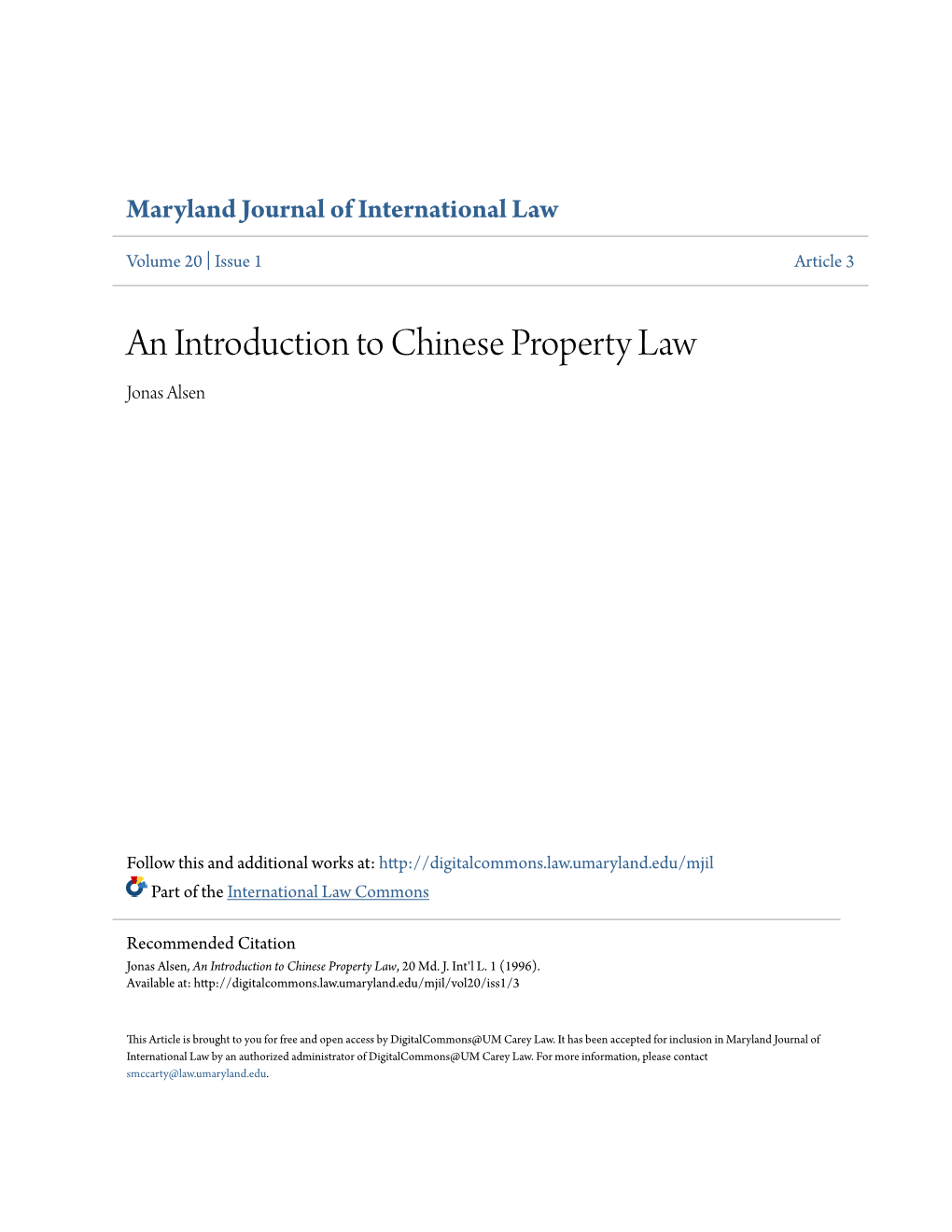 An Introduction to Chinese Property Law Jonas Alsen