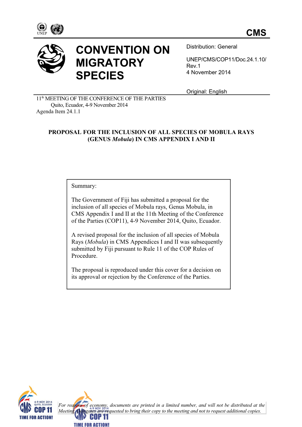 Proposal for Inclusion of the SPECIES of CHONDRICHTHYAN FISH on the Appendices of the Convention s1