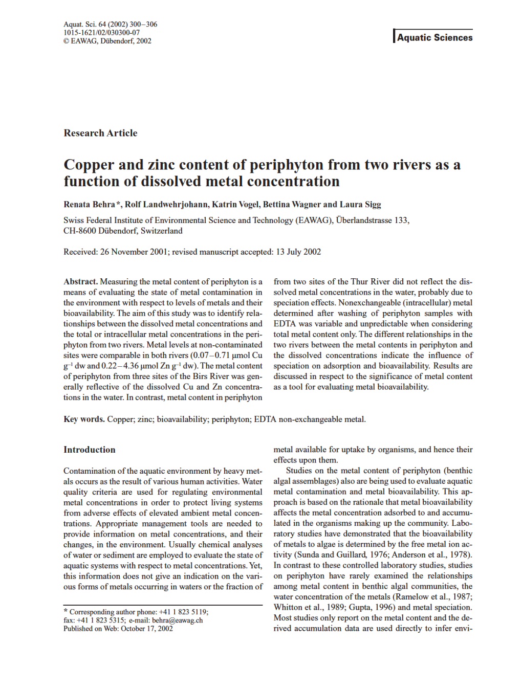 Copper and Zinc Content of Periphyton from Two Rivers As a Function of Dissolved Metal Concentration