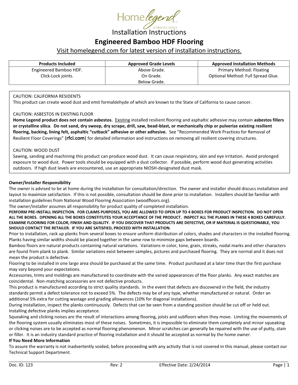 Installation Instructions Engineered Bamboo HDF Flooring Visit Homelegend.Com for Latest Version of Installation Instructions