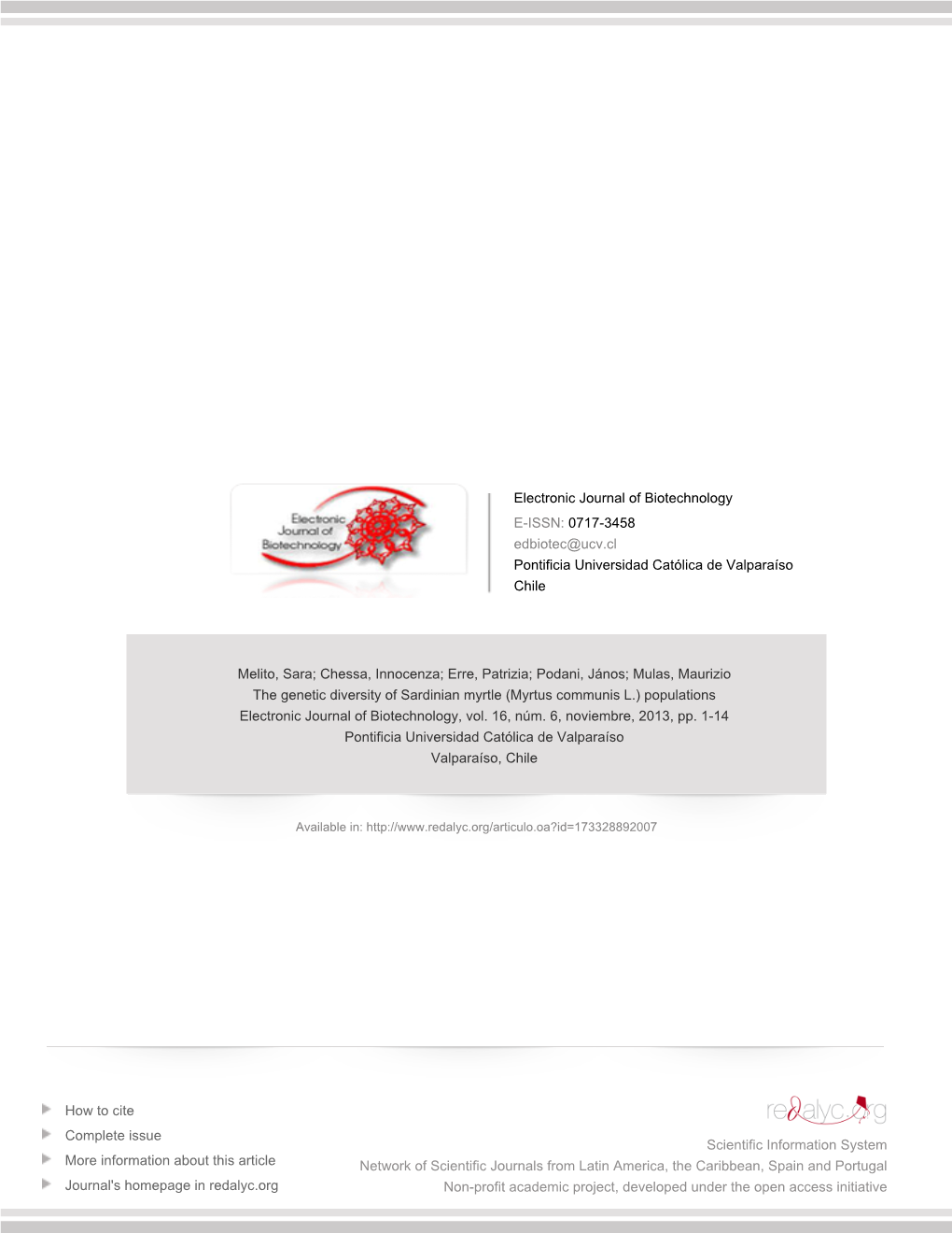 The Genetic Diversity of Sardinian Myrtle (Myrtus Communis L.) Populations Electronic Journal of Biotechnology, Vol