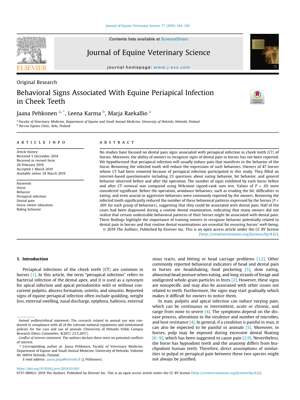 Behavioral Signs Associated with Equine Periapical Infection in Cheek Teeth