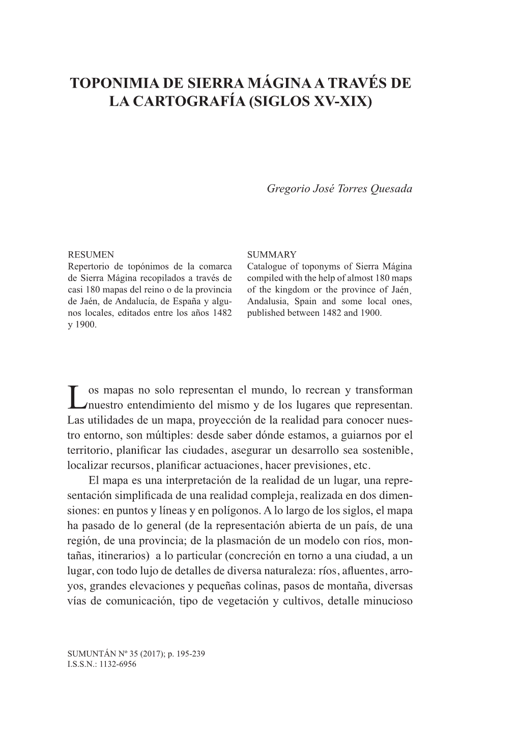 Toponimia De Sierra Mágina a Través De La Cartografía (Siglos Xv-Xix) 195