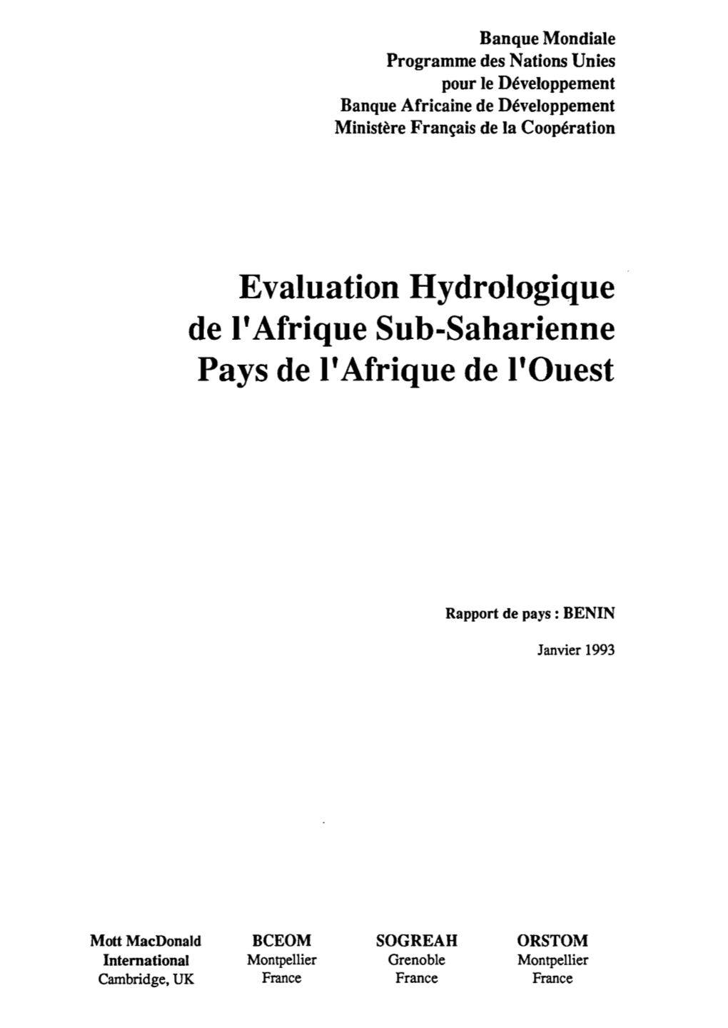 Evaluation Hydrologique De L'afrique Sub-Saharienne. Pays De L'afrique De L'ouest. Rapport De Pays : Bénin