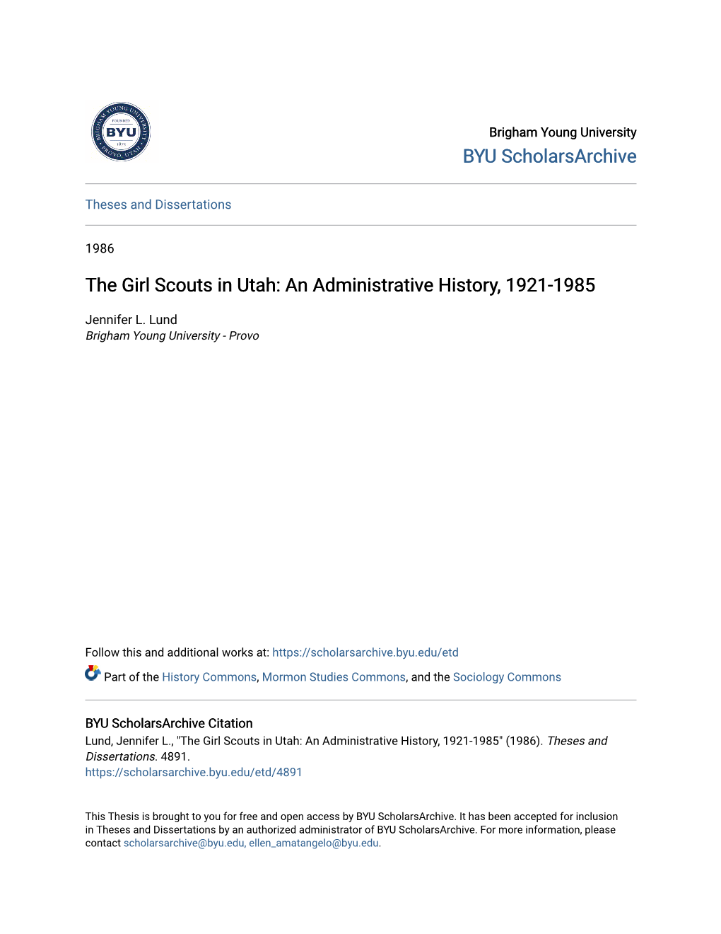 The Girl Scouts in Utah: an Administrative History, 1921-1985