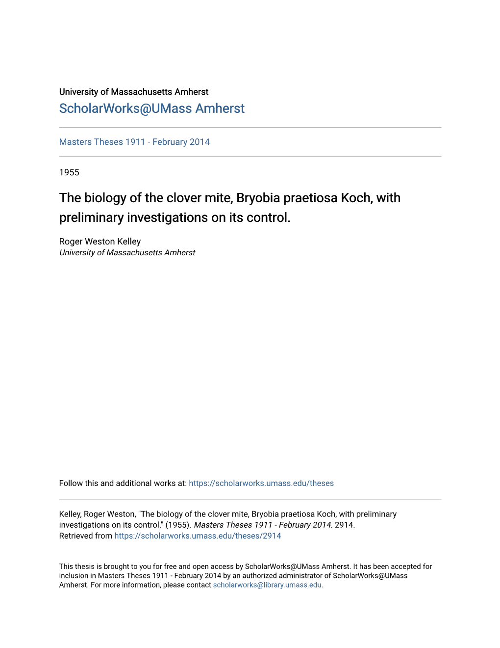 The Biology of the Clover Mite, Bryobia Praetiosa Koch, with Preliminary Investigations on Its Control