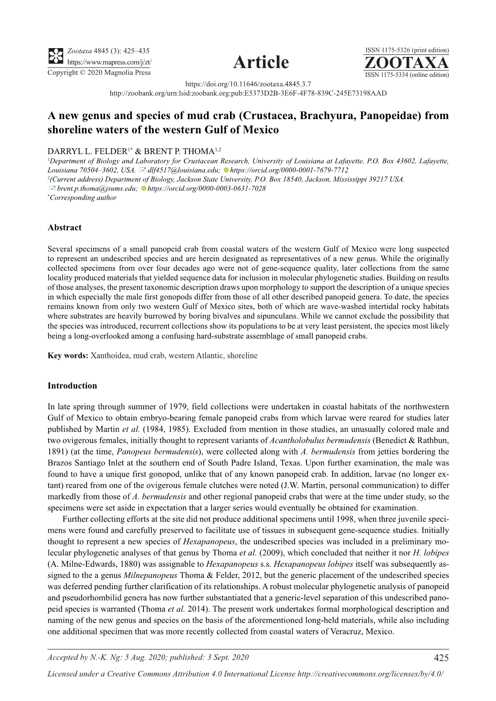 A New Genus and Species of Mud Crab (Crustacea, Brachyura, Panopeidae) from Shoreline Waters of the Western Gulf of Mexico