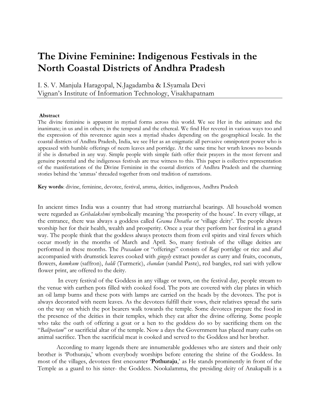 The Divine Feminine: Indigenous Festivals in the North Coastal Districts of Andhra Pradesh