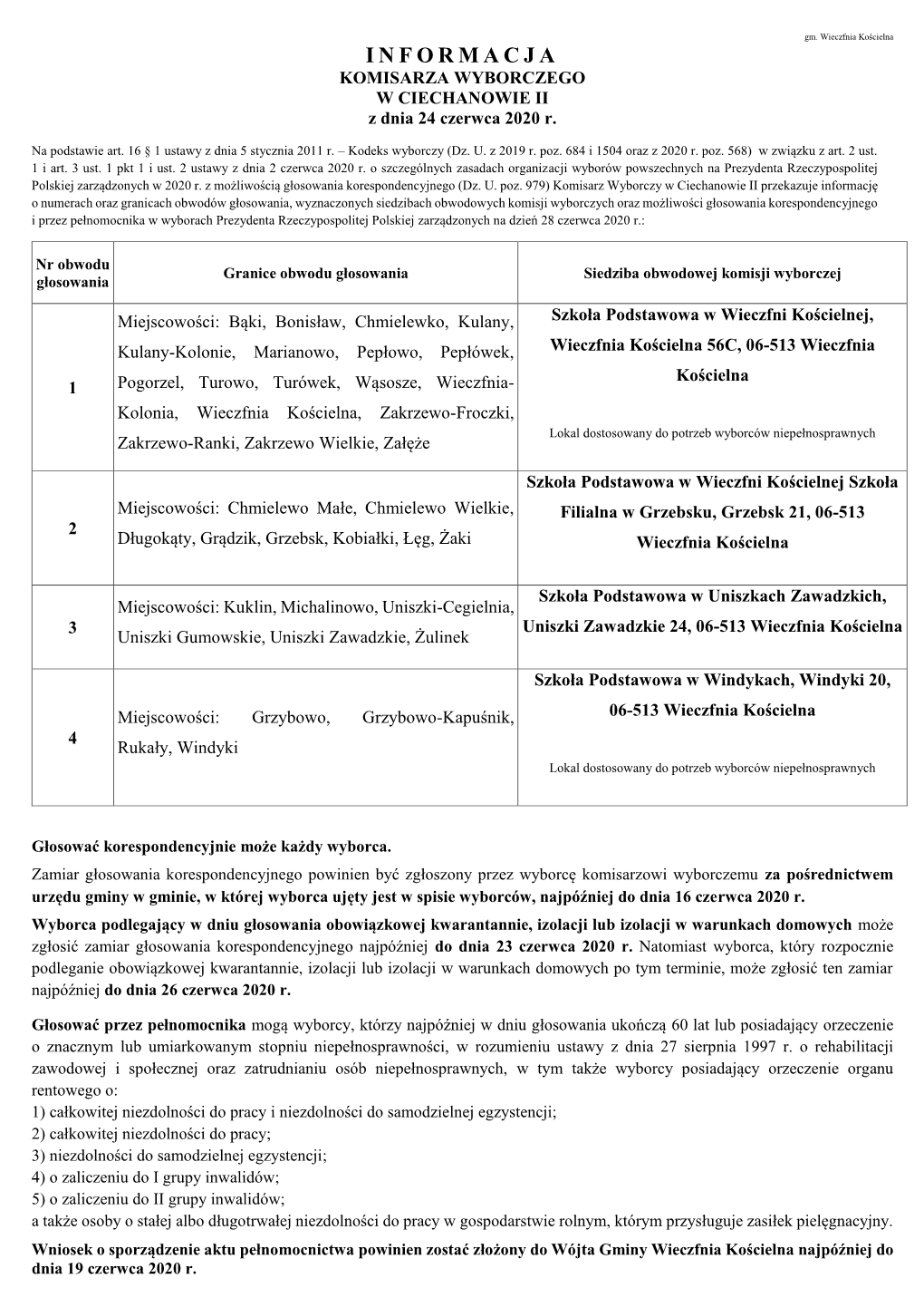 INFORMACJA KOMISARZA WYBORCZEGO W CIECHANOWIE II Z Dnia 24 Czerwca 2020 R