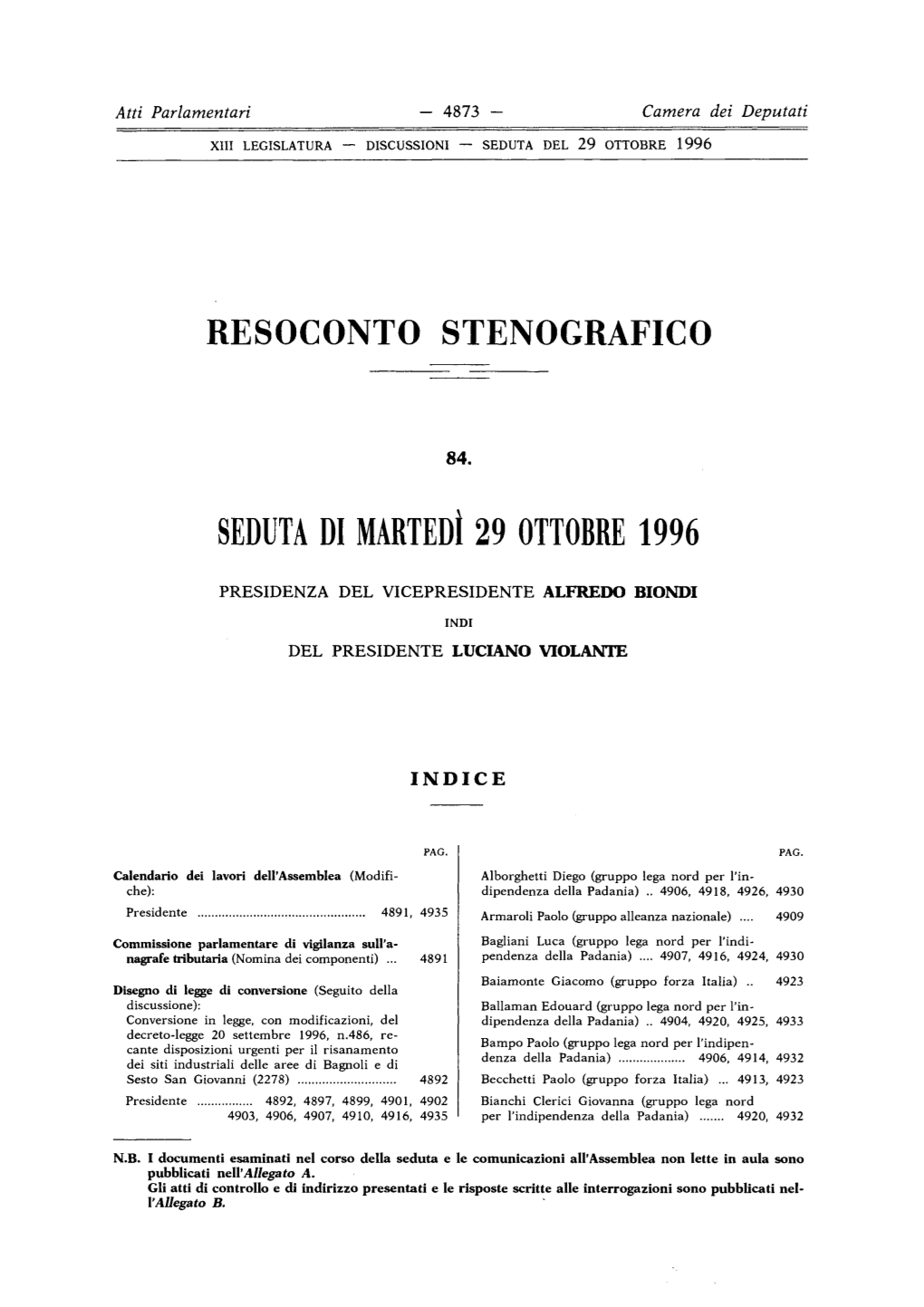 Seduta Di Martedì 29 Ottobre 1996