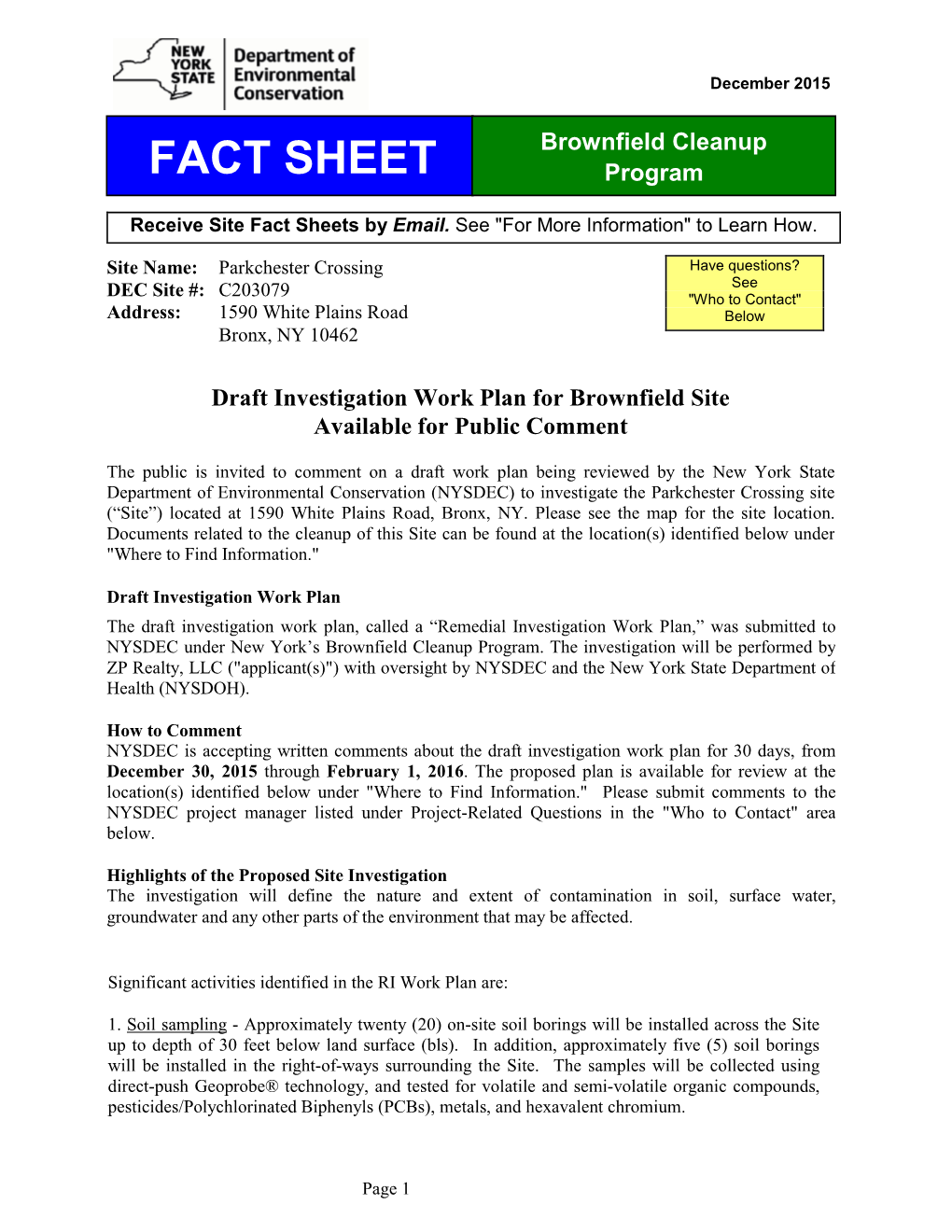 Parkchester Crossing Site Investigation Plan for Public Comment