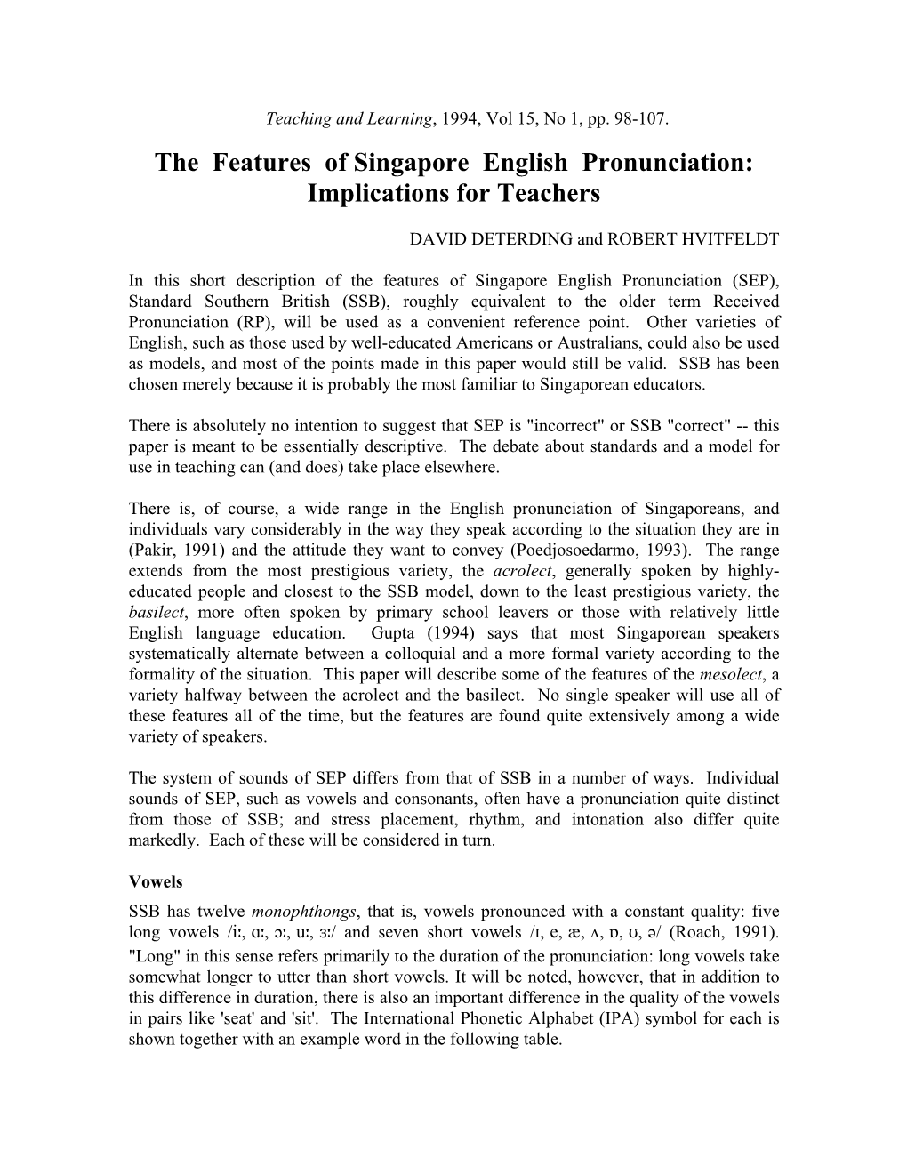 Singapore English Pronunciation: Implications for Teachers