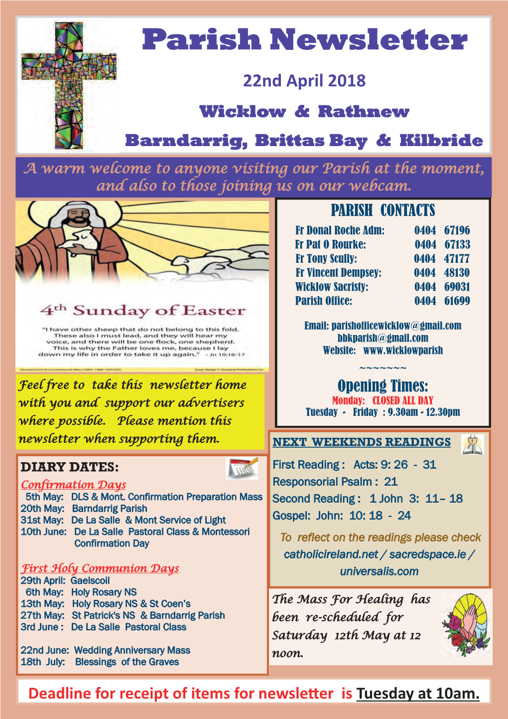 Parish Newsletter 22Nd April 2018 Wicklow & Rathnew Barndarrig, Brittas Bay & Kilbride