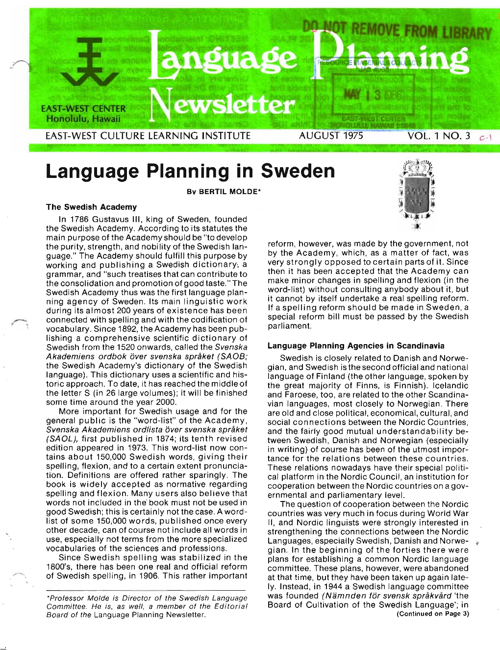 Language Planning Newsletter, August 1975, Vol. 1, No. 3