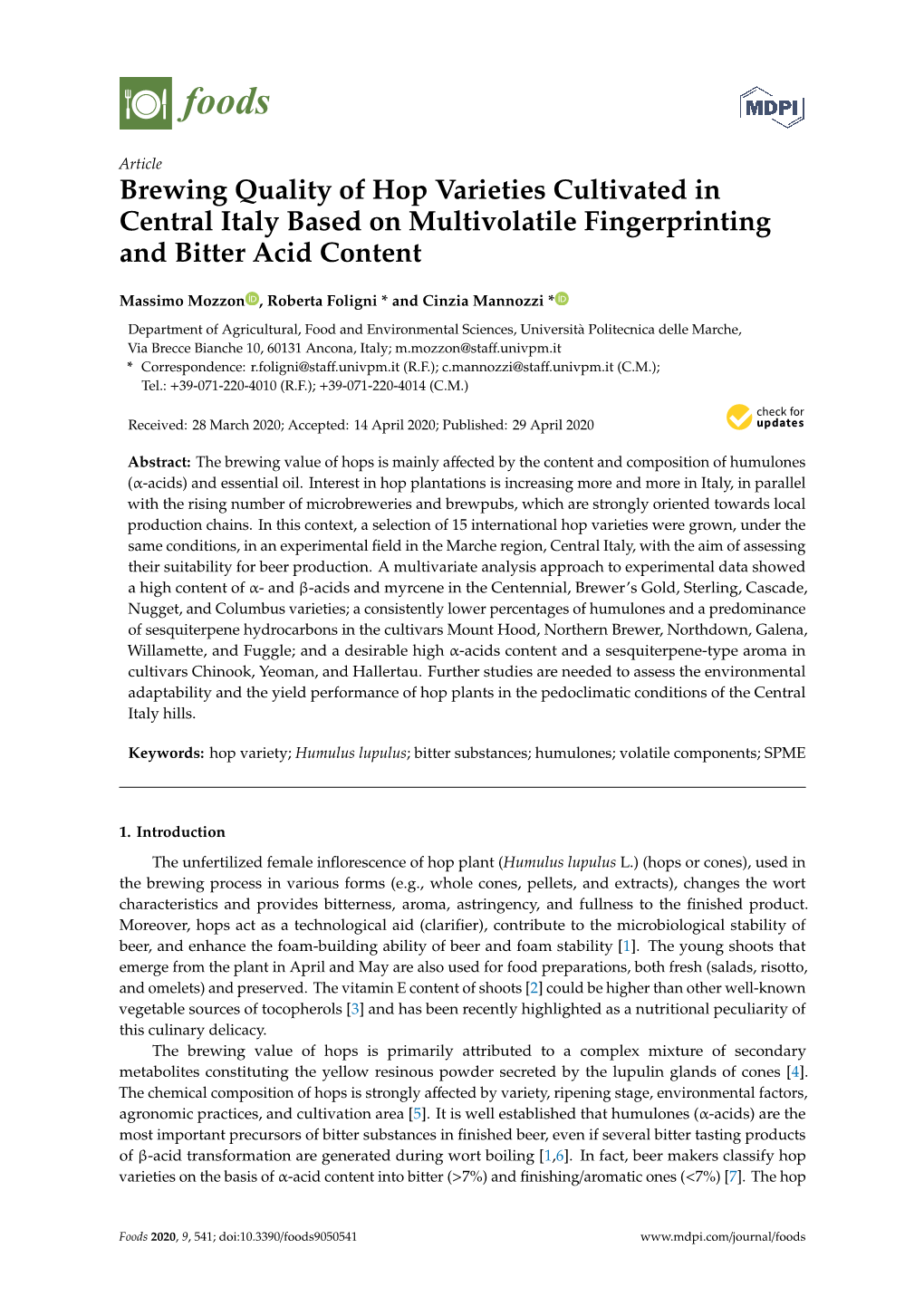 Brewing Quality of Hop Varieties Cultivated in Central Italy Based on Multivolatile Fingerprinting and Bitter Acid Content