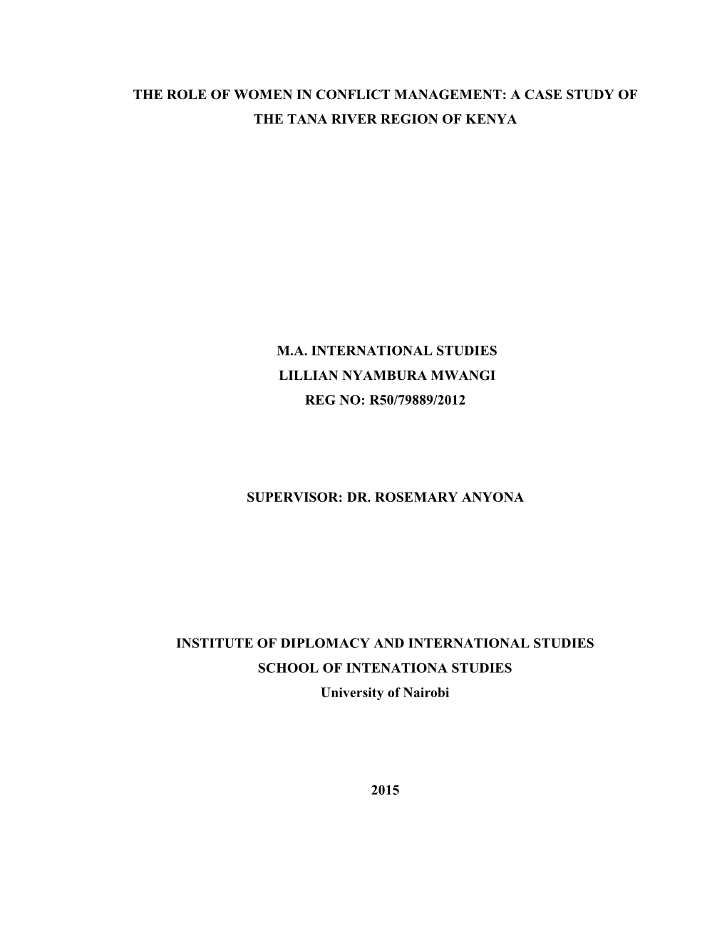 The Role of Women in Conflict Management: a Case Study of the Tana River Region of Kenya