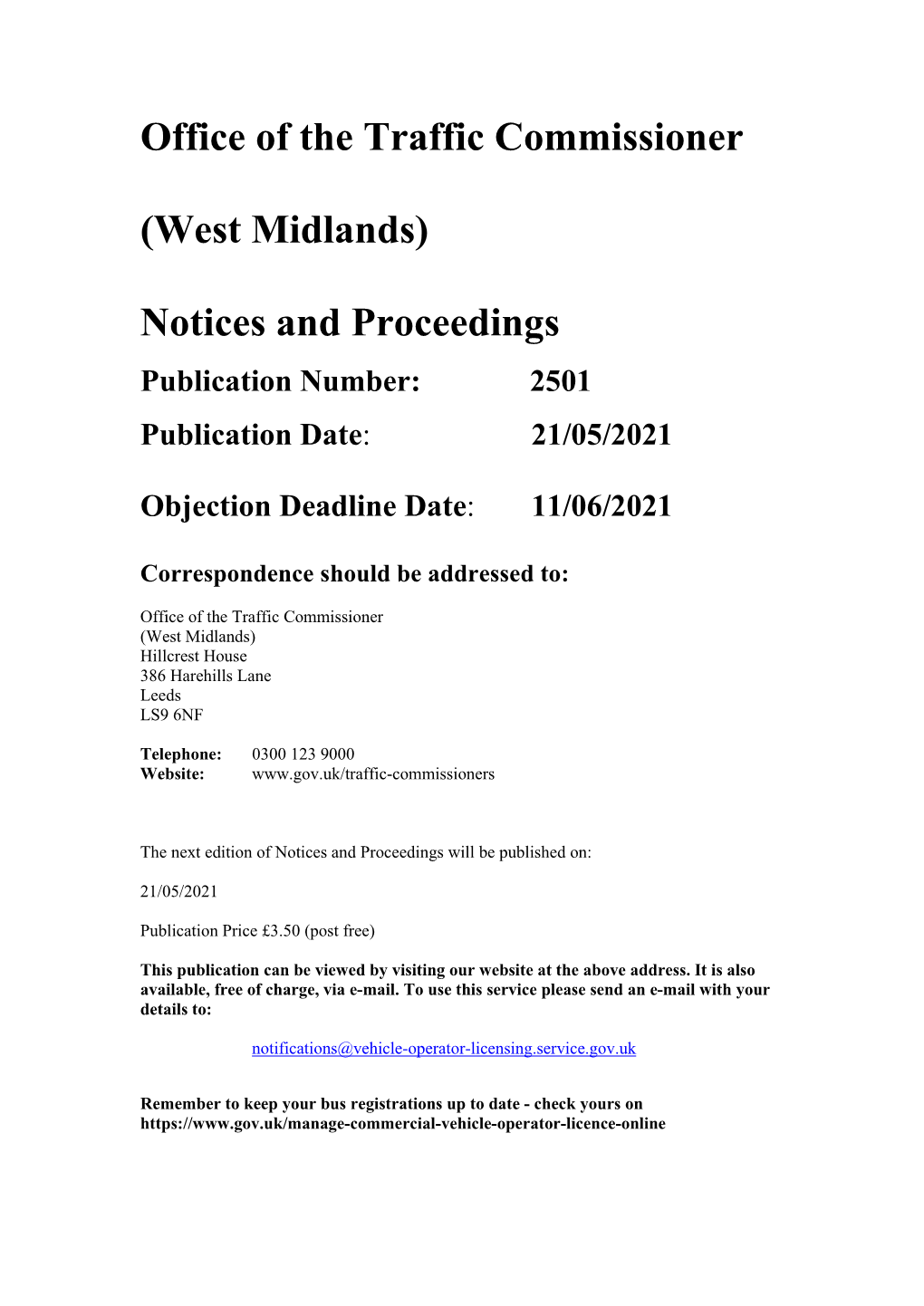 Office of the Traffic Commissioner (West Midlands) Notices