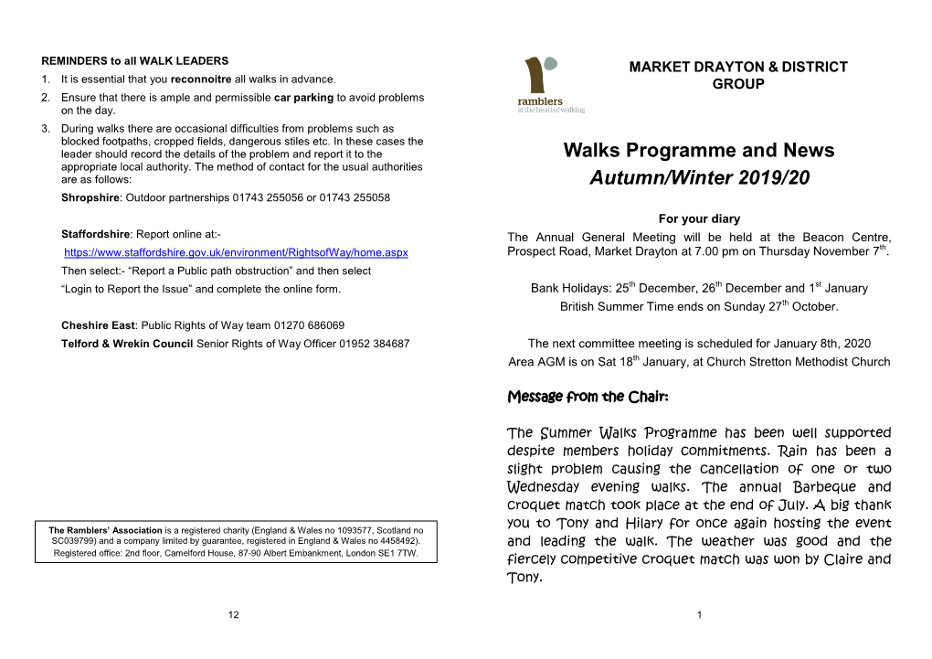 Walks Programme and News Autumn/Winter 2019/20