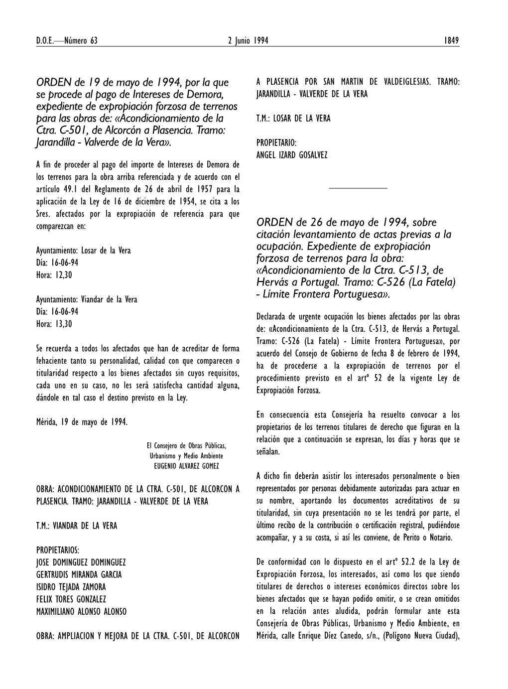 ORDEN De 19 De Mayo De 1994, Por La Que Se Procede Al Pago De Intereses De Demora, Expediente De Expropiación Forzosa De Terren