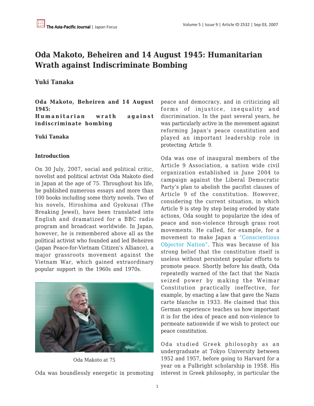 Oda Makoto, Beheiren and 14 August 1945: Humanitarian Wrath Against Indiscriminate Bombing