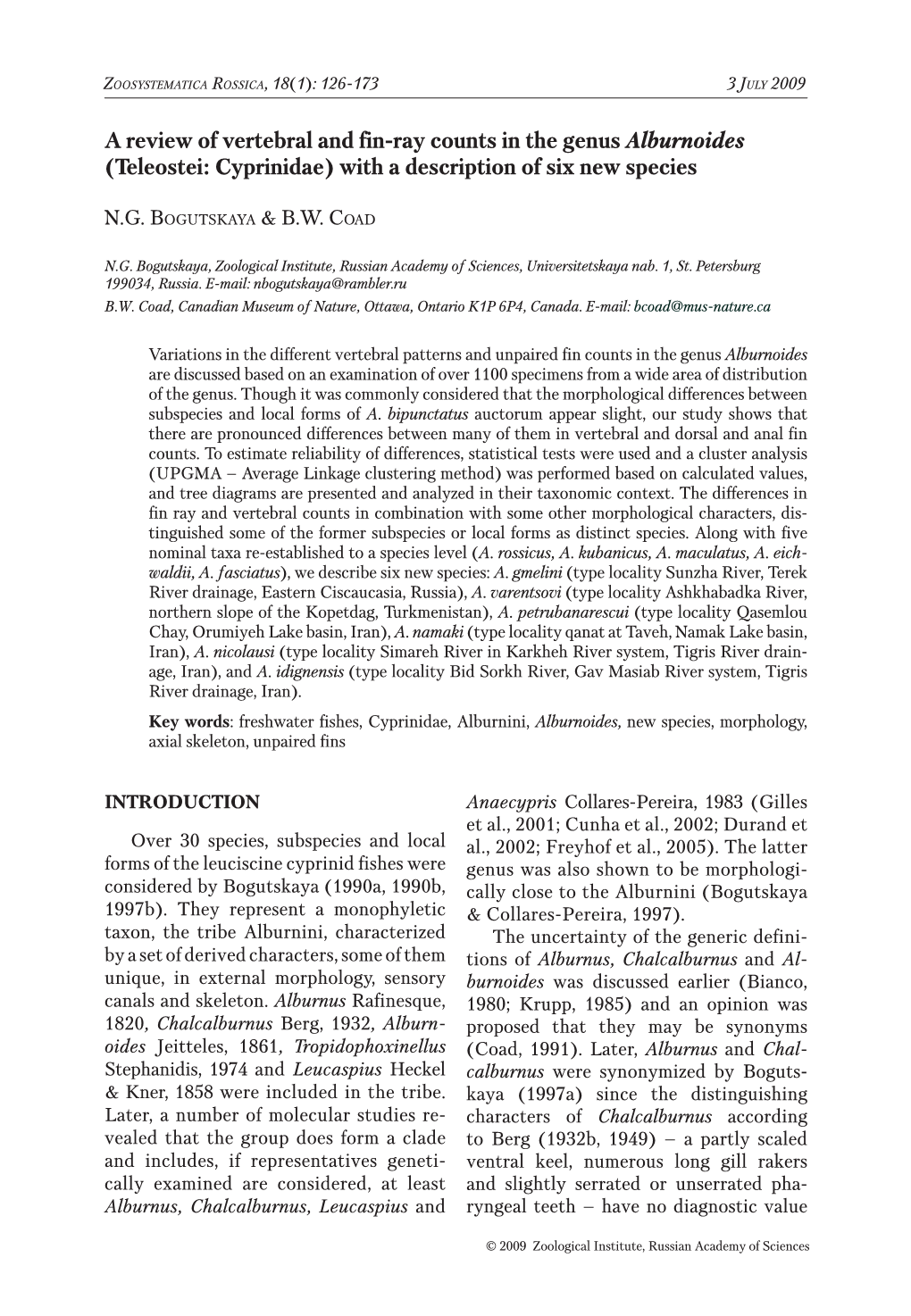 A Review of Vertebral and Fin-Ray Counts in the Genus Alburnoides (Teleostei: Cyprinidae) with a Description of Six New Species