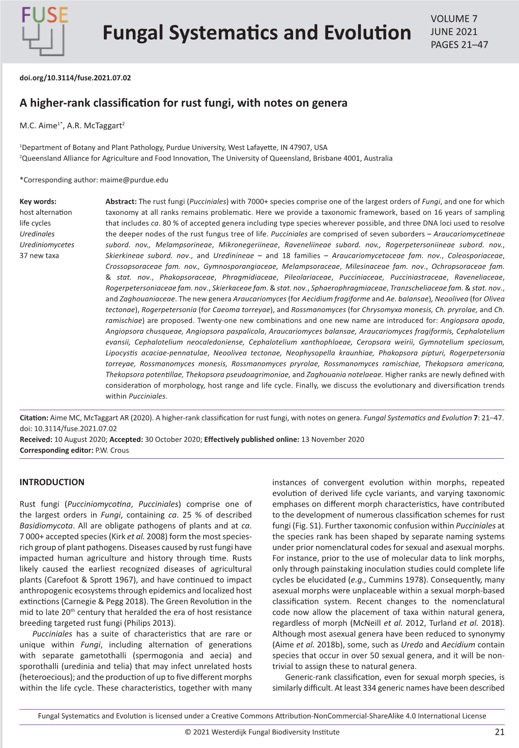 A Higher-Rank Classification for Rust Fungi, with Notes on Genera