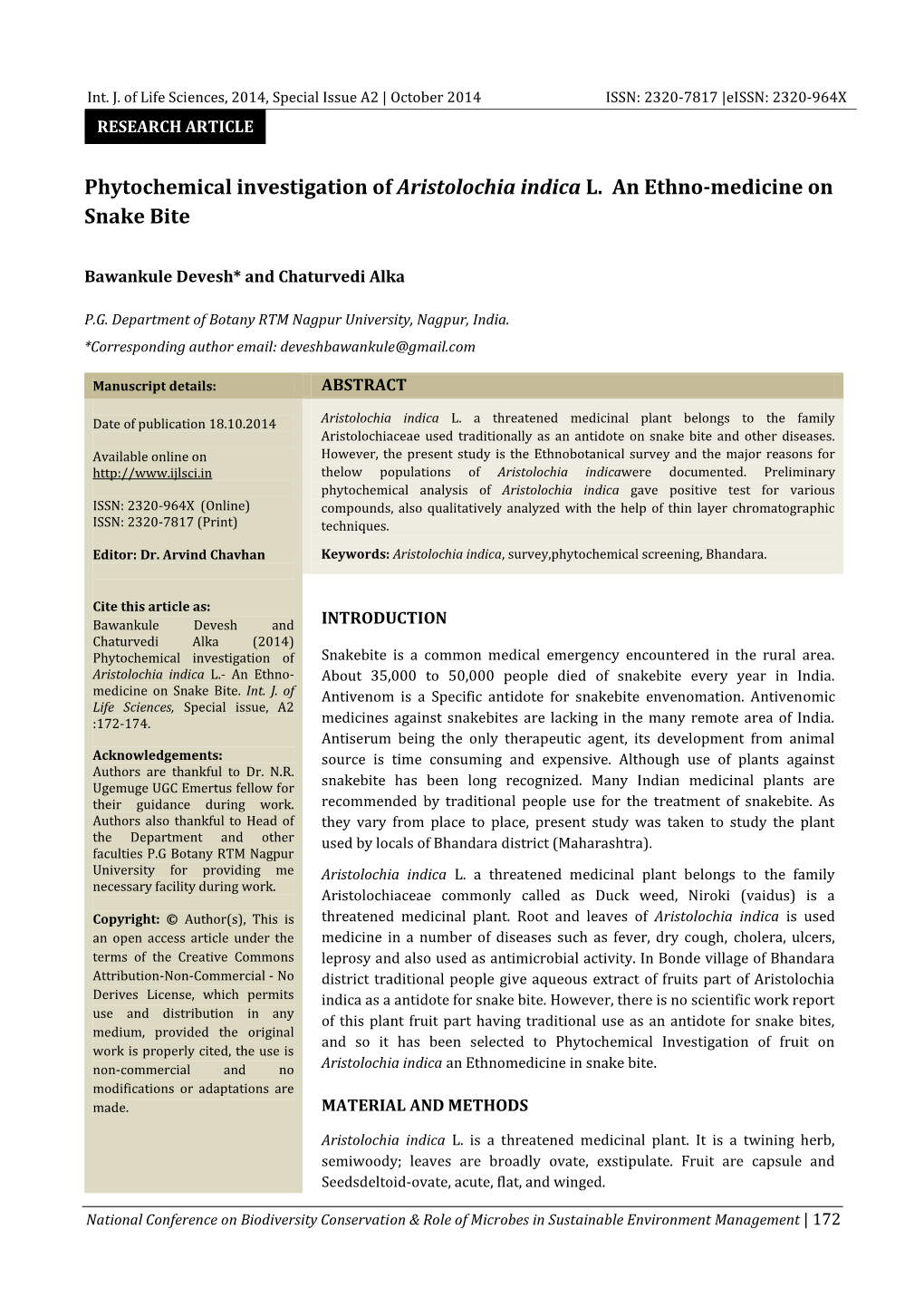 Phytochemical Investigation of Aristolochia Indica L. an Ethno-Medicine on Snake Bite