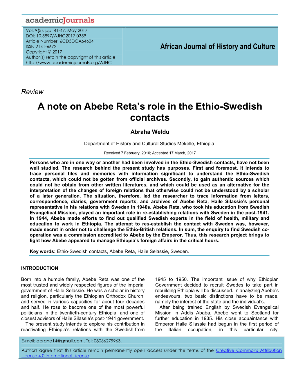 A Note on Abebe Reta's Role in the Ethio-Swedish Contacts