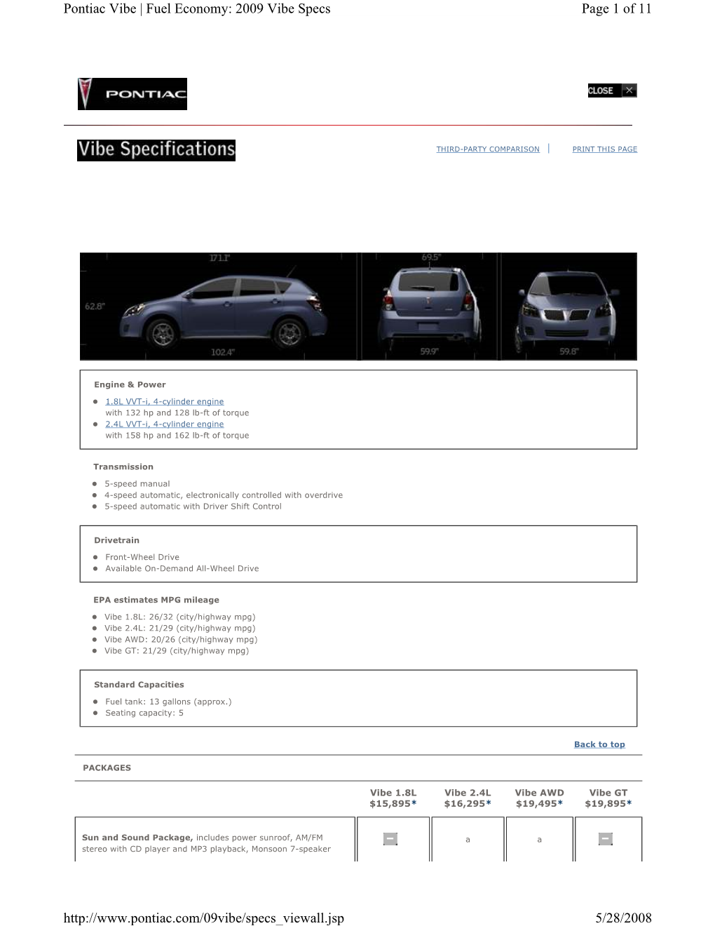 Pontiac Vibe 2009 Specifications-Pdf