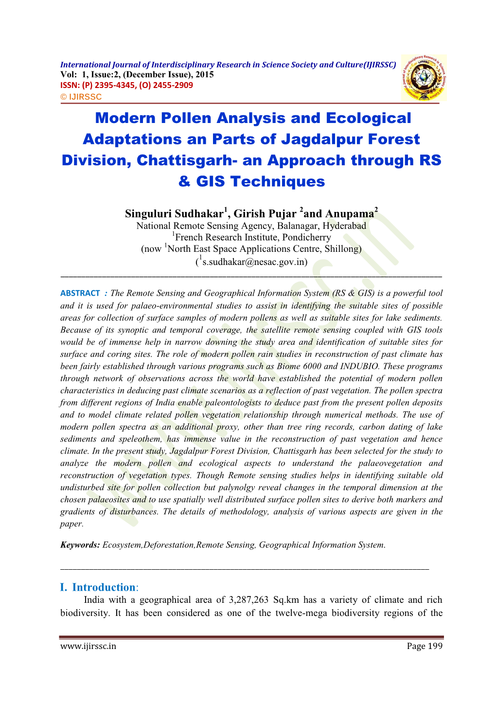 Modern Pollen Analysis and Ecological Adaptations an Parts of Jagdalpur Forest Division, Chattisgarh- an Approach Through RS & GIS Techniques